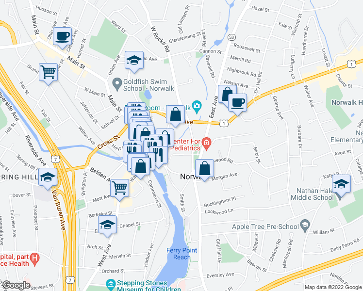 map of restaurants, bars, coffee shops, grocery stores, and more near 8 Lewis Street in Norwalk