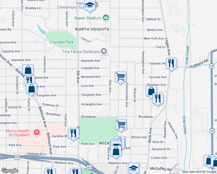 map of restaurants, bars, coffee shops, grocery stores, and more near 233 Lora Avenue in Youngstown