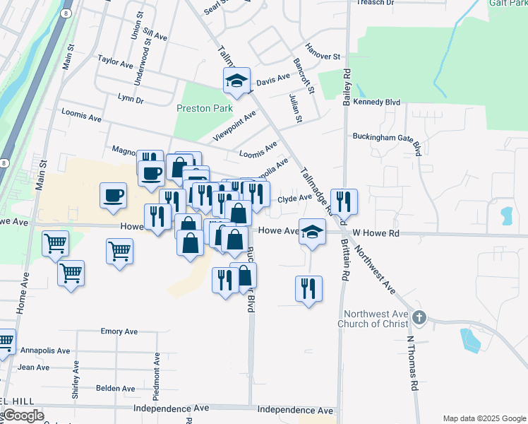 map of restaurants, bars, coffee shops, grocery stores, and more near 1220 Buchholzer Boulevard in Cuyahoga Falls