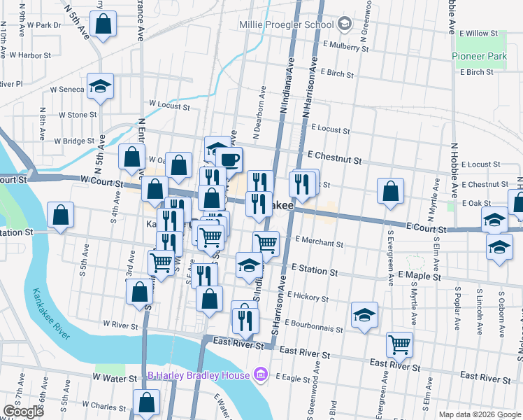 map of restaurants, bars, coffee shops, grocery stores, and more near in Kankakee