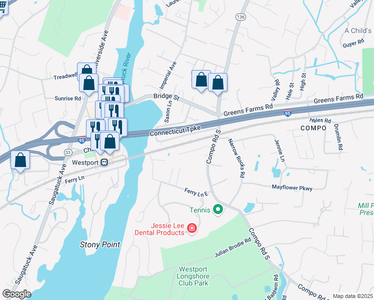 map of restaurants, bars, coffee shops, grocery stores, and more near 18 Vani Court in Westport
