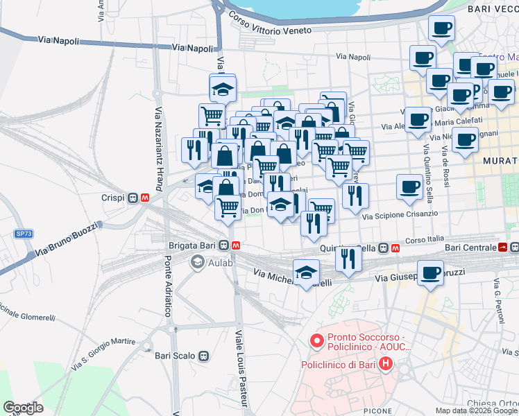 map of restaurants, bars, coffee shops, grocery stores, and more near 55 Via Monsignor Nitti Francesco in Bari