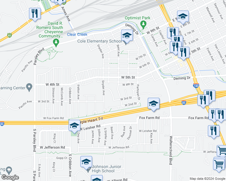 map of restaurants, bars, coffee shops, grocery stores, and more near 347 Maddies Way in Cheyenne