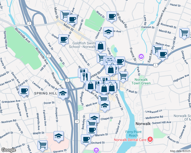 map of restaurants, bars, coffee shops, grocery stores, and more near 35 Hoyt Street in Norwalk