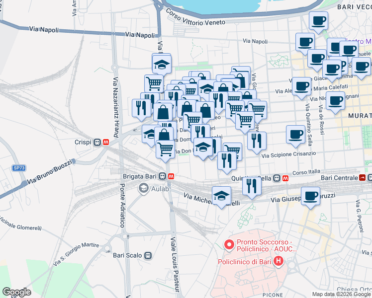 map of restaurants, bars, coffee shops, grocery stores, and more near 55 Via Monsignor Nitti Francesco in Bari