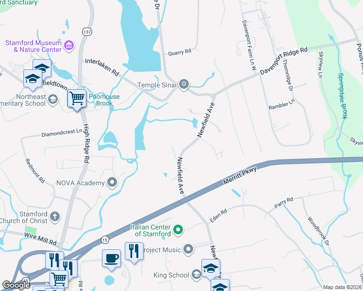 map of restaurants, bars, coffee shops, grocery stores, and more near 1780 Newfield Avenue in Stamford