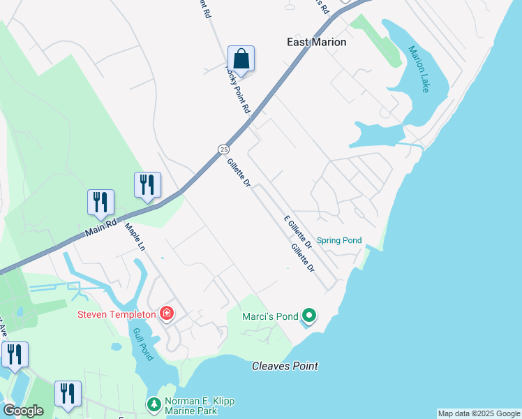 map of restaurants, bars, coffee shops, grocery stores, and more near 1200 Gillette Drive in East Marion