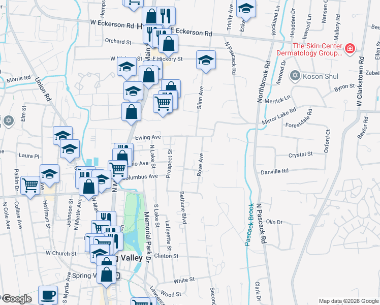 map of restaurants, bars, coffee shops, grocery stores, and more near 19 Rose Avenue in Spring Valley