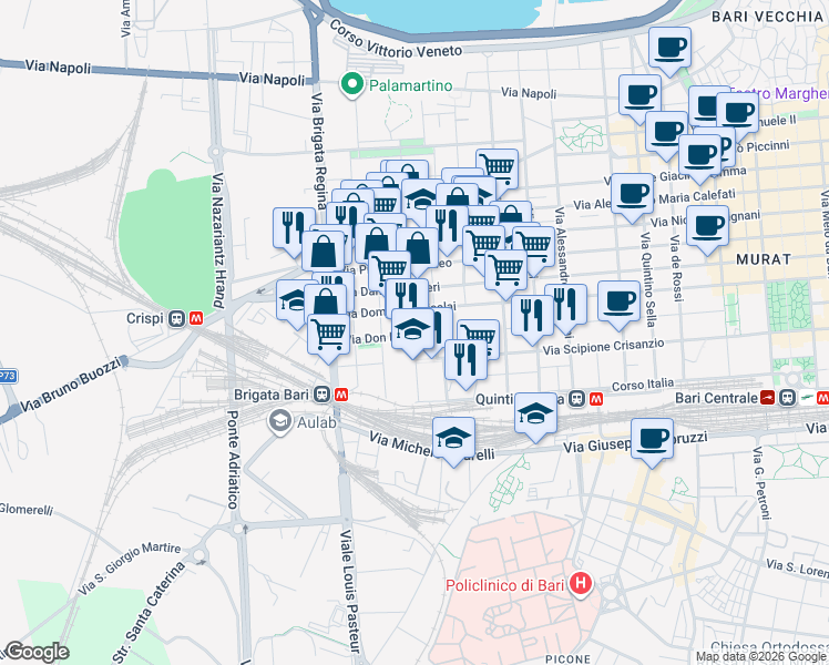 map of restaurants, bars, coffee shops, grocery stores, and more near 72 Viale Martiri del 1799 in Altamura