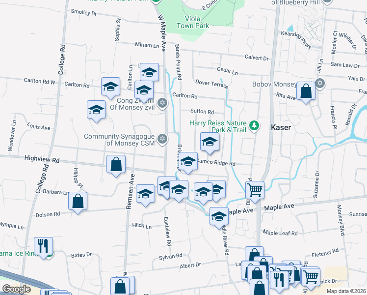 map of restaurants, bars, coffee shops, grocery stores, and more near 33 Briarcliff Drive in Monsey