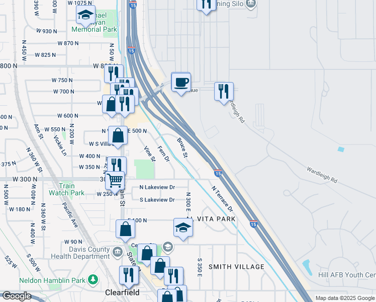 map of restaurants, bars, coffee shops, grocery stores, and more near 400 Bruce Street in Clearfield