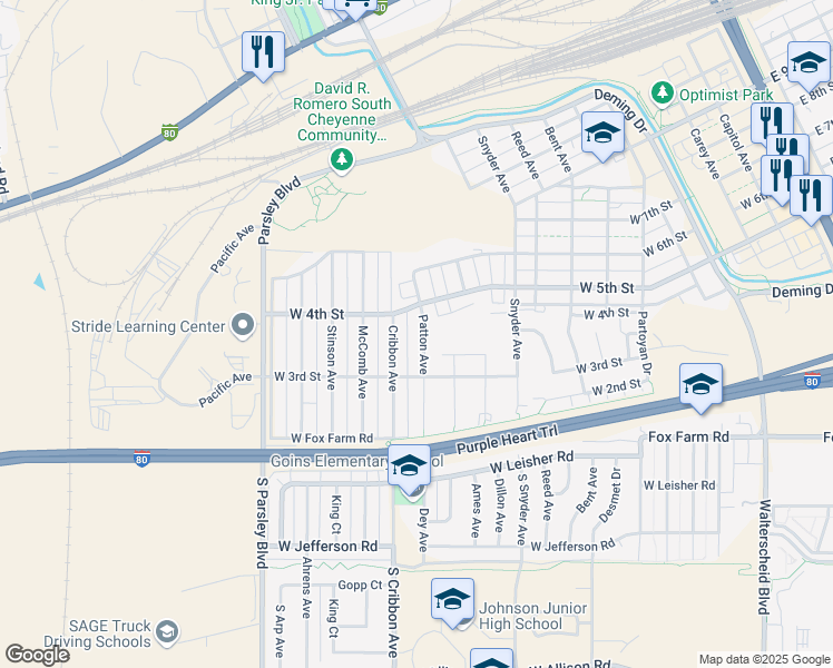 map of restaurants, bars, coffee shops, grocery stores, and more near 366 Patton Avenue in Cheyenne