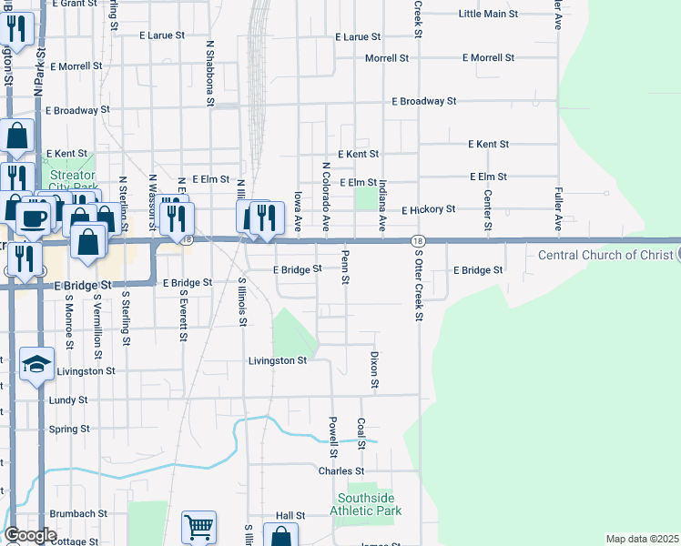 map of restaurants, bars, coffee shops, grocery stores, and more near 209 Penn Street in Streator