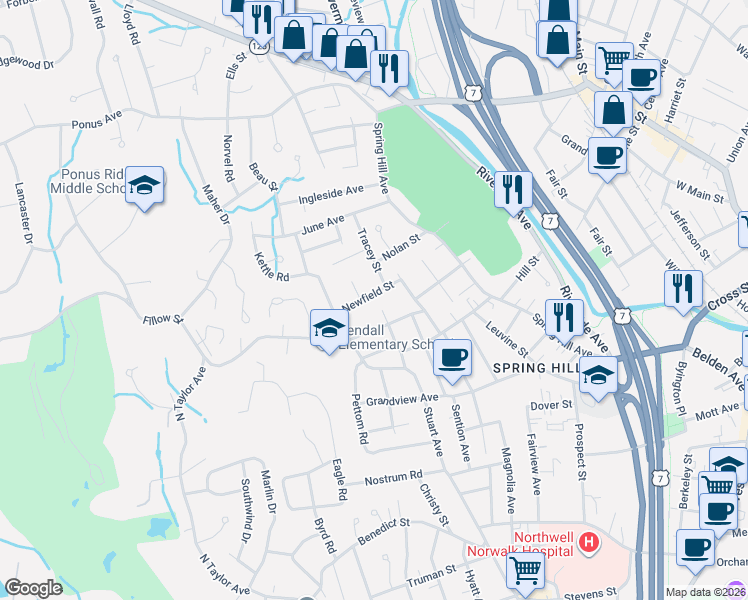 map of restaurants, bars, coffee shops, grocery stores, and more near 25 Richelieu Street in Norwalk
