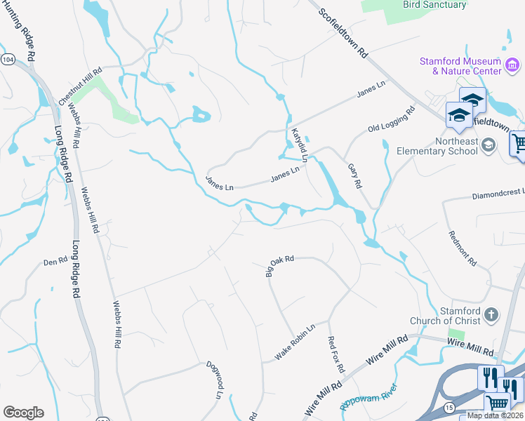 map of restaurants, bars, coffee shops, grocery stores, and more near 319 Red Fox Road in Stamford