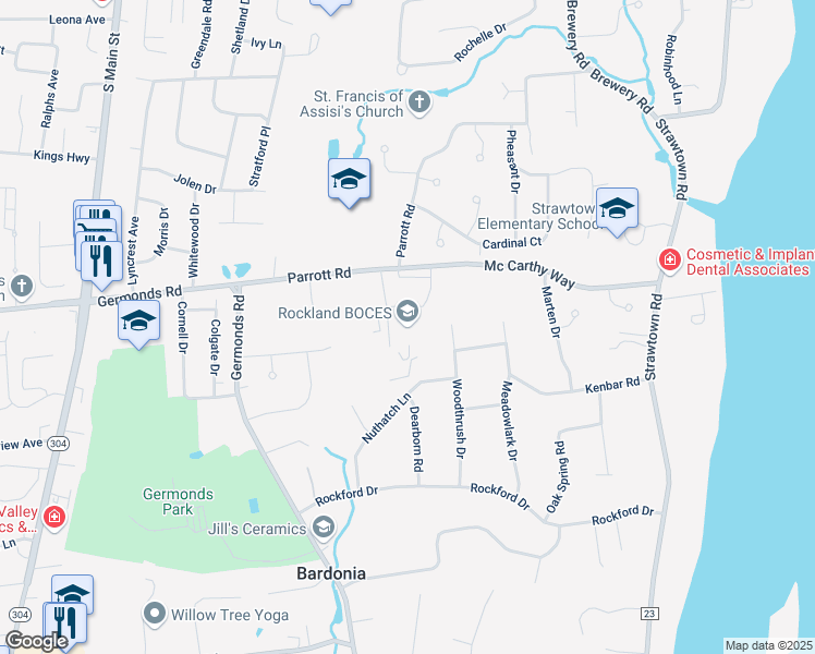 map of restaurants, bars, coffee shops, grocery stores, and more near 65 Parrott Road in West Nyack