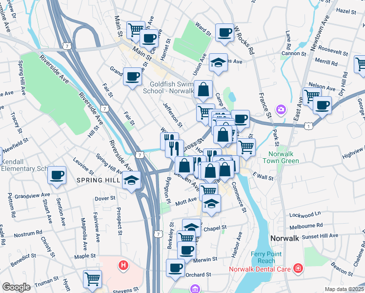 map of restaurants, bars, coffee shops, grocery stores, and more near 35 Hoyt Street in Norwalk