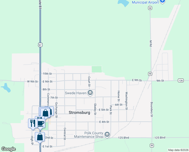 map of restaurants, bars, coffee shops, grocery stores, and more near 705 East 9th Street in Stromsburg