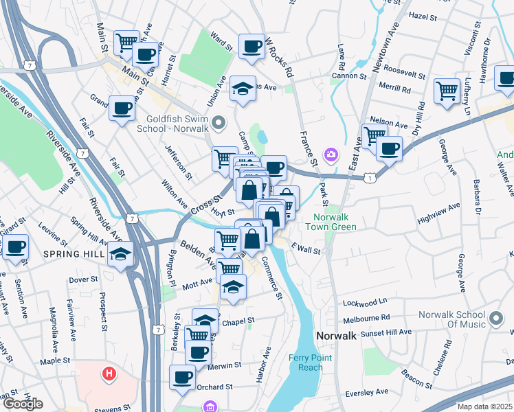 map of restaurants, bars, coffee shops, grocery stores, and more near 3 Main Street in Norwalk