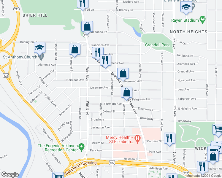 map of restaurants, bars, coffee shops, grocery stores, and more near 703 Delaware Avenue in Youngstown