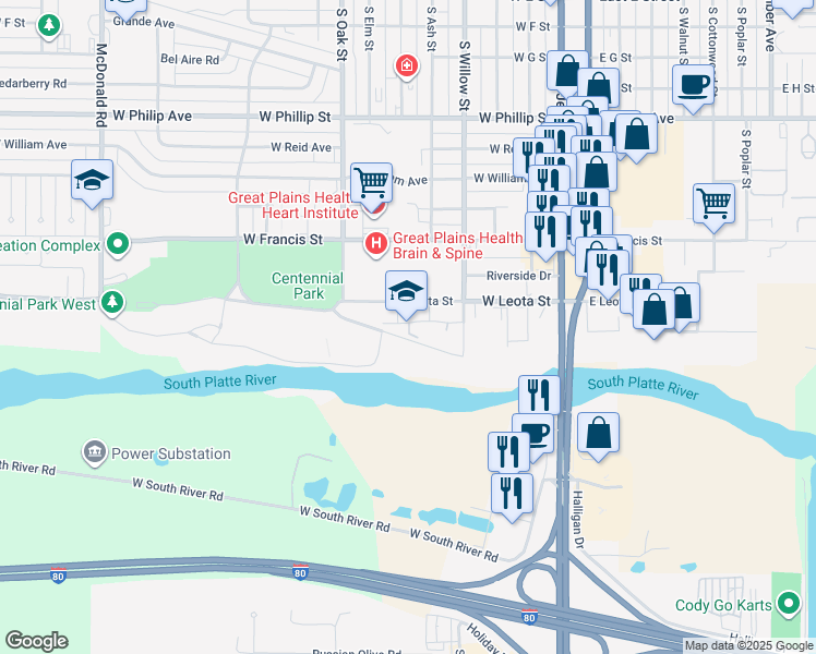 map of restaurants, bars, coffee shops, grocery stores, and more near in North Platte
