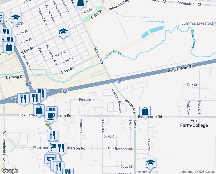 map of restaurants, bars, coffee shops, grocery stores, and more near 512 Targhee Avenue in Cheyenne