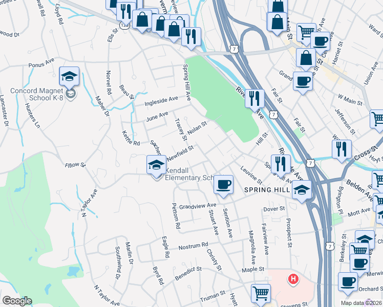 map of restaurants, bars, coffee shops, grocery stores, and more near 25 Richelieu Street in Norwalk