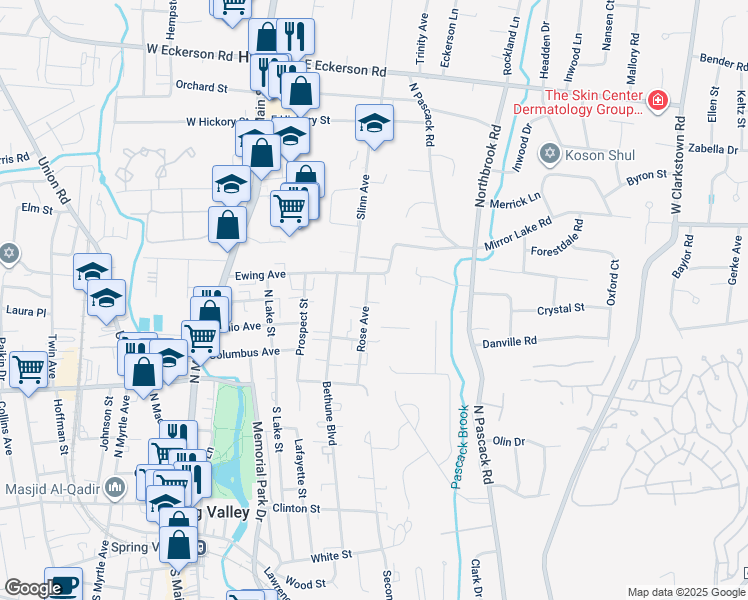 map of restaurants, bars, coffee shops, grocery stores, and more near 19 Rose Avenue in Spring Valley