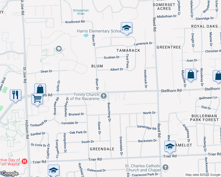 map of restaurants, bars, coffee shops, grocery stores, and more near 4240 Stellhorn Road in Fort Wayne