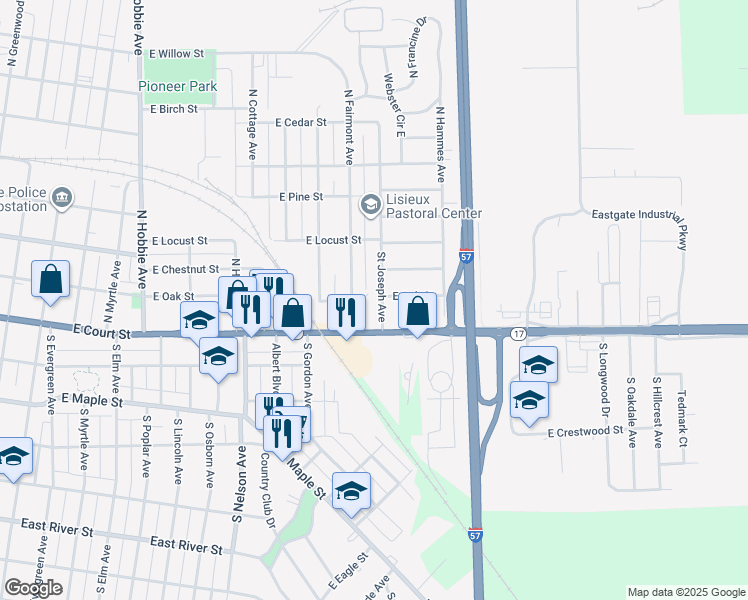 map of restaurants, bars, coffee shops, grocery stores, and more near 185 Saint Joseph Avenue in Kankakee