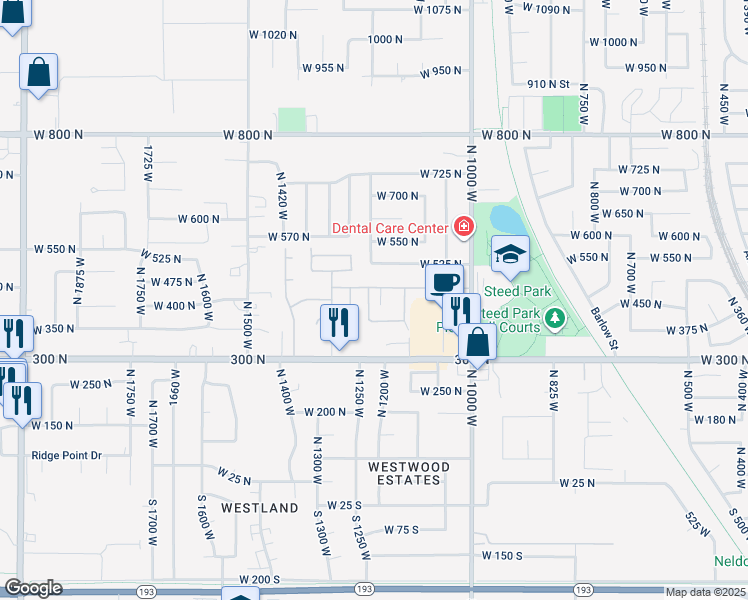 map of restaurants, bars, coffee shops, grocery stores, and more near 79 North 1250 West in Clearfield