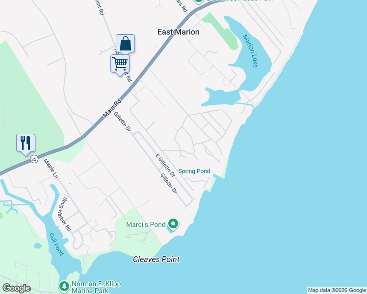 map of restaurants, bars, coffee shops, grocery stores, and more near 325 Dogwood Lane in East Marion