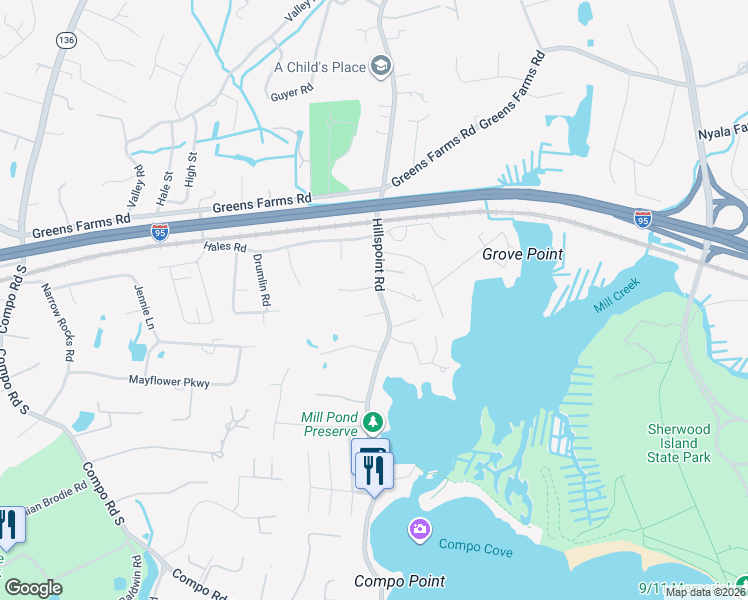 map of restaurants, bars, coffee shops, grocery stores, and more near 154 Hillspoint Road in Westport