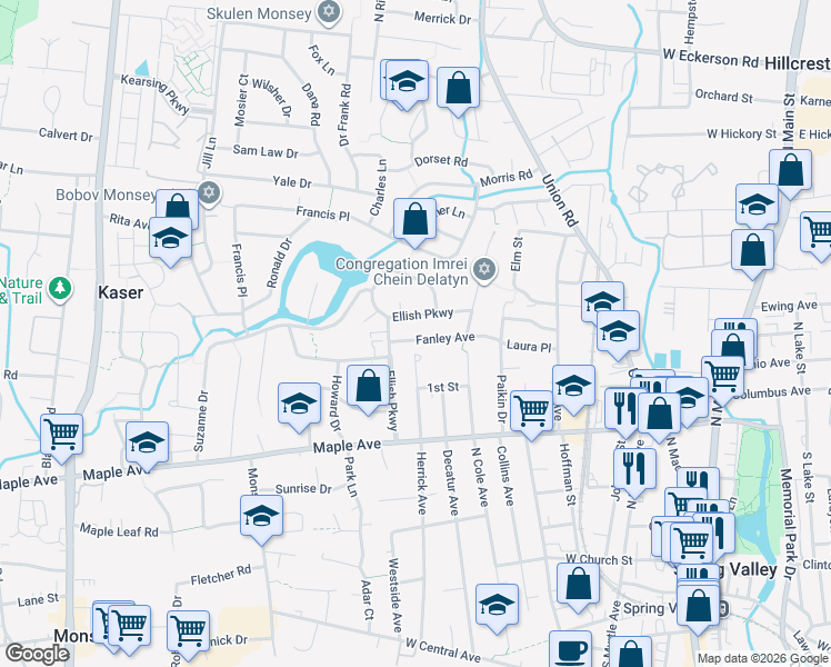 map of restaurants, bars, coffee shops, grocery stores, and more near 11 Fanley Avenue in Spring Valley