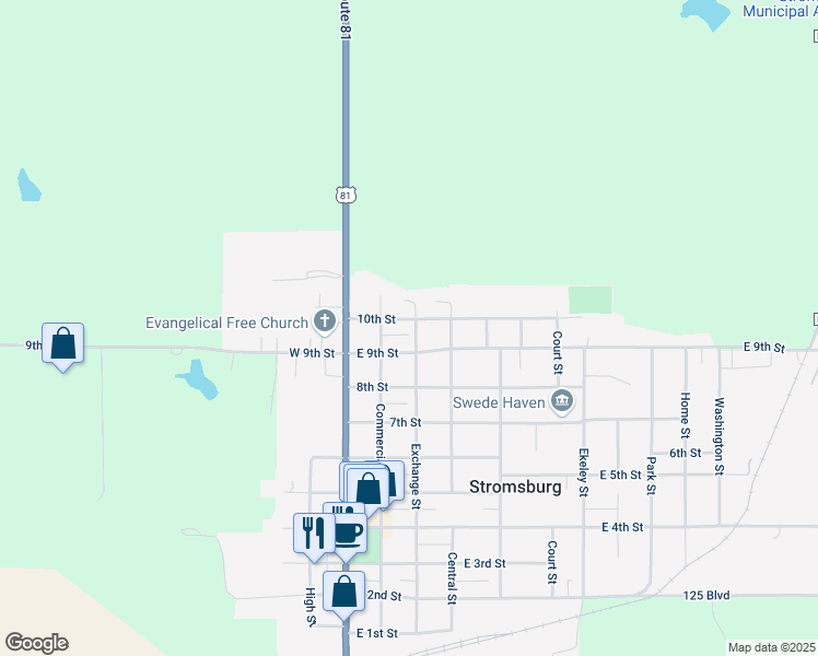 map of restaurants, bars, coffee shops, grocery stores, and more near 215 East 9th Street in Stromsburg