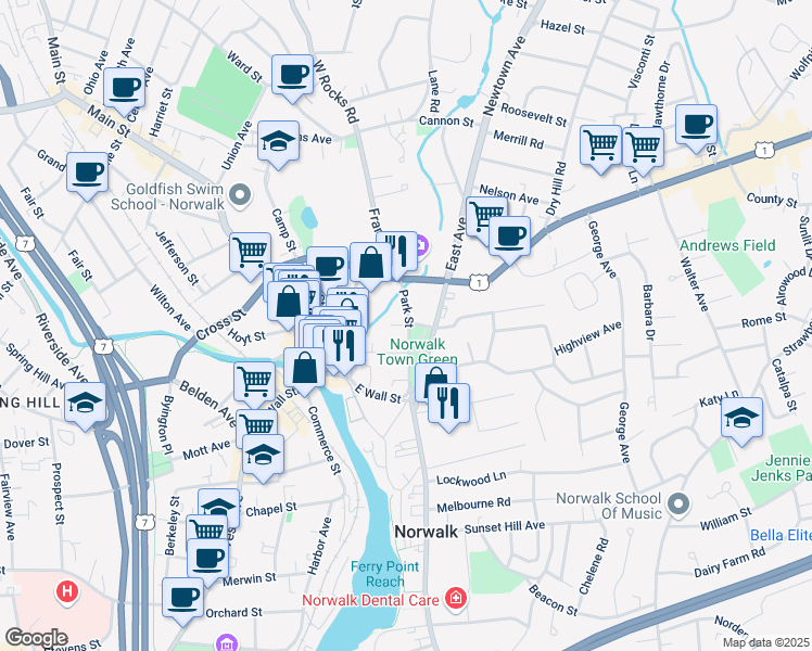 map of restaurants, bars, coffee shops, grocery stores, and more near 9 Park Street in Norwalk
