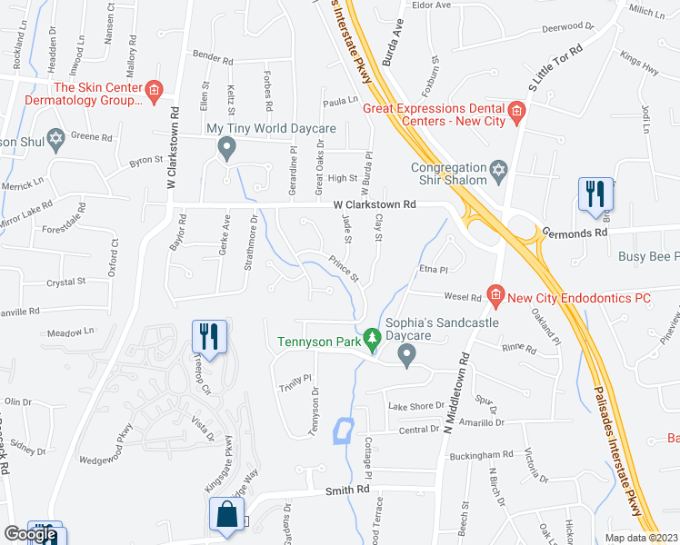 map of restaurants, bars, coffee shops, grocery stores, and more near 10 Prince Street in New City