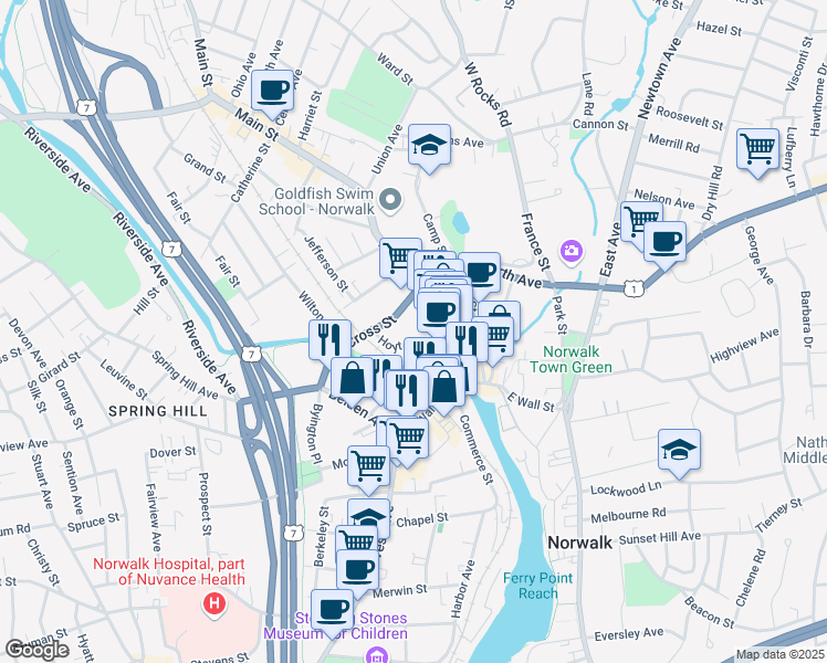 map of restaurants, bars, coffee shops, grocery stores, and more near 16 Hoyt Street in Norwalk