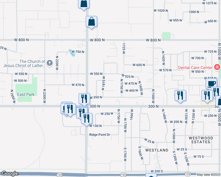 map of restaurants, bars, coffee shops, grocery stores, and more near 1816 West 400 North in West Point