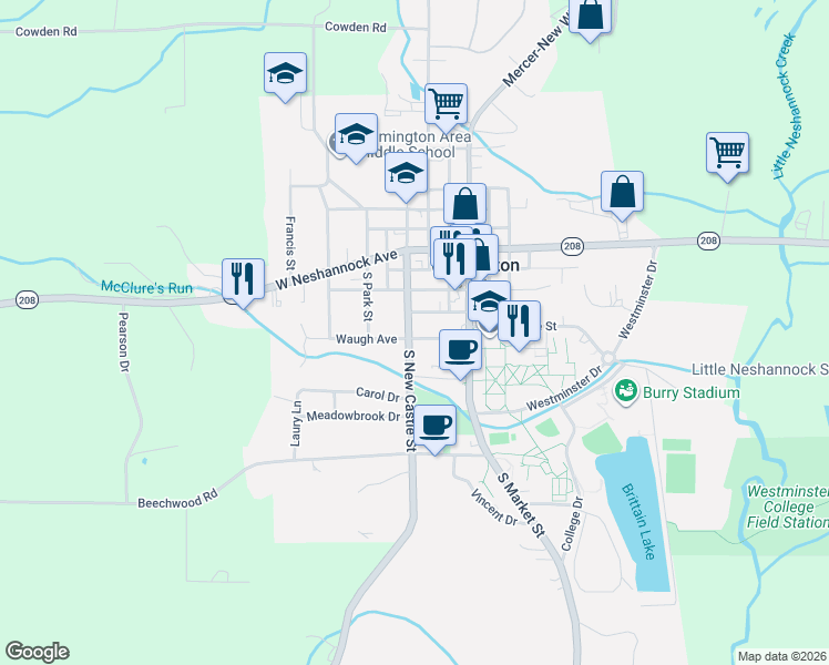 map of restaurants, bars, coffee shops, grocery stores, and more near 310 South New Castle Street in New Wilmington