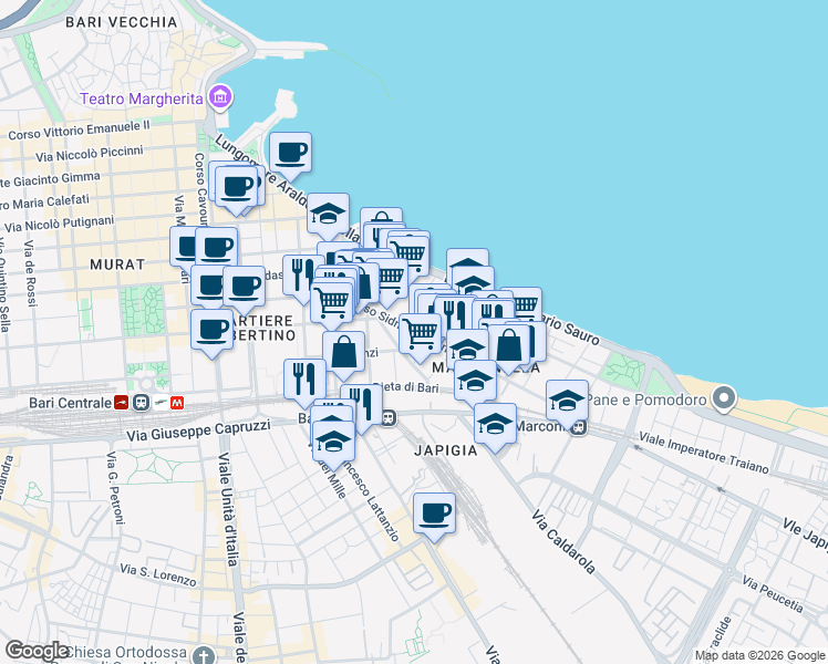 map of restaurants, bars, coffee shops, grocery stores, and more near 10 Via Cattaro in Bari