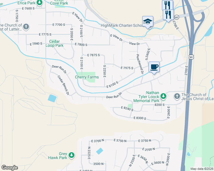 map of restaurants, bars, coffee shops, grocery stores, and more near 8042 South 2250 East in South Weber