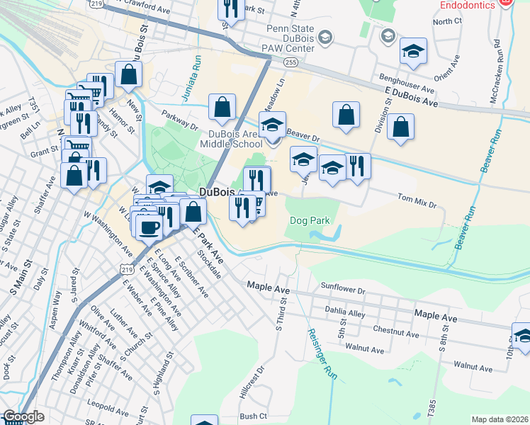 map of restaurants, bars, coffee shops, grocery stores, and more near 22 Hoover Avenue in DuBois