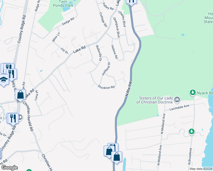 map of restaurants, bars, coffee shops, grocery stores, and more near 882 Stockton Road in Valley Cottage