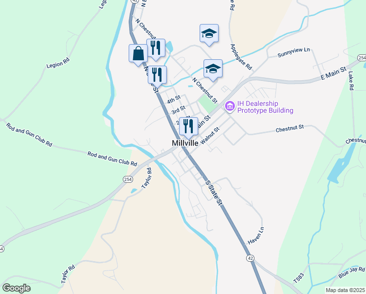 map of restaurants, bars, coffee shops, grocery stores, and more near 60 South State Street in Millville