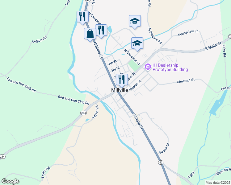 map of restaurants, bars, coffee shops, grocery stores, and more near 60 South State Street in Millville