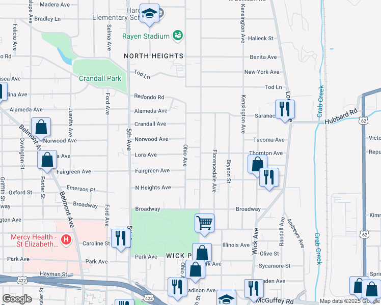 map of restaurants, bars, coffee shops, grocery stores, and more near 1440 Elm Street in Youngstown