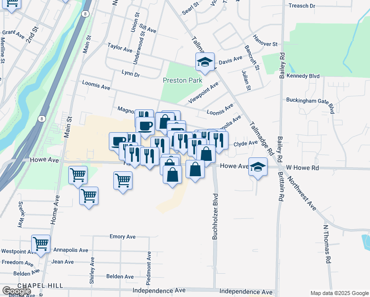 map of restaurants, bars, coffee shops, grocery stores, and more near 699 Howe Avenue in Cuyahoga Falls