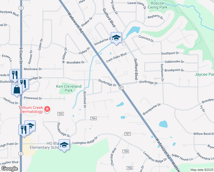 map of restaurants, bars, coffee shops, grocery stores, and more near 650 Sturbridge Drive in Medina