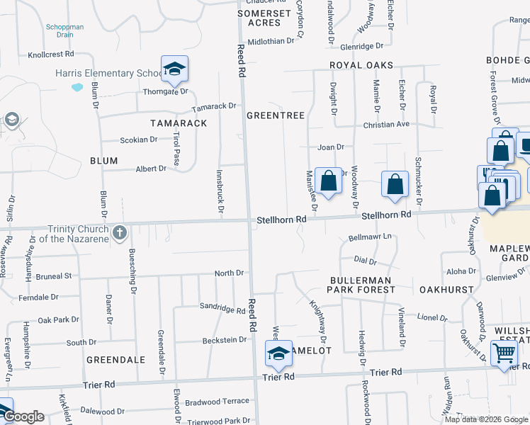 map of restaurants, bars, coffee shops, grocery stores, and more near 4850 Stellhorn Road in Fort Wayne
